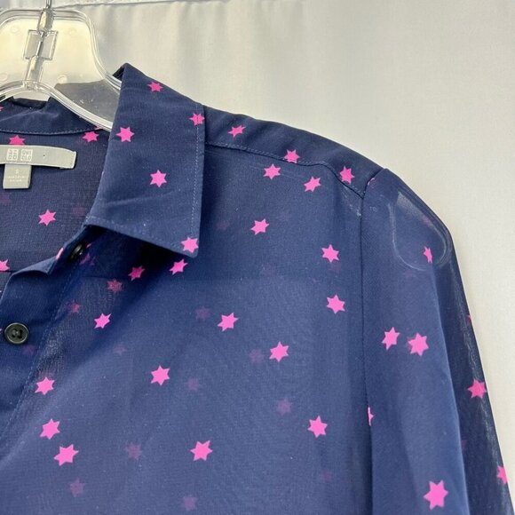 Uniqlo Womens Button Front Shirt Multicolor Stars Print Long Sleeve Sheer S - Picture 7 of 10